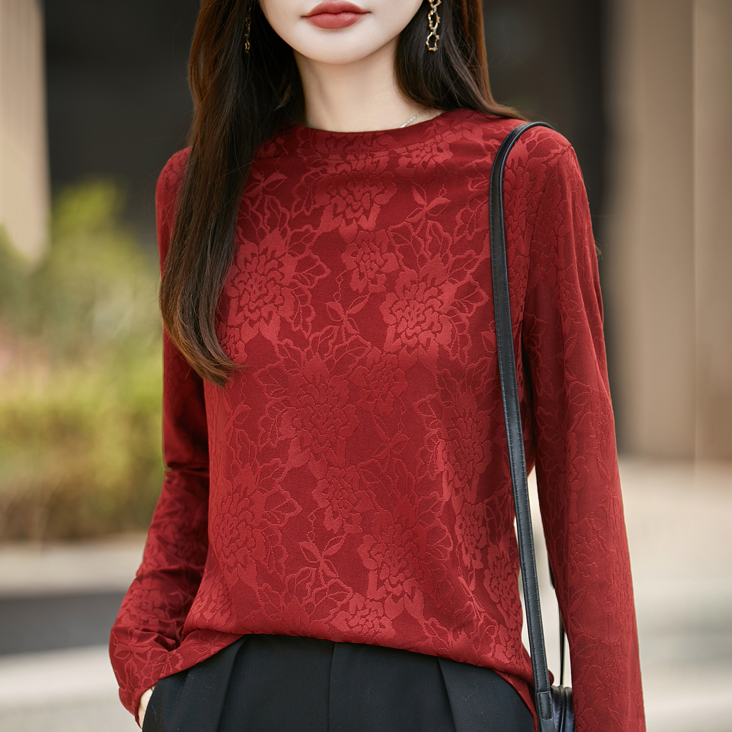 缎面提花长袖T恤国风洋气上衣