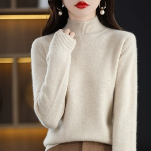 新款 洋气 打底衫 春秋季 半高领针织衫 女宽松套头毛衣纯色百搭长袖