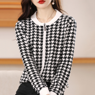 女拉链短外套毛衣圆领拼色短款 针织开衫 上衣女 千鸟格长袖 早秋新款