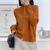 静奢风半高领蕾丝边排扣针织衫 女橘色设计感洋气打底衫