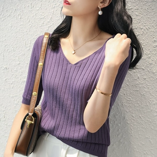新款 上衣女 纯色鸡心领中袖 2021夏季 V领纯棉针织短袖 t恤女宽松薄款