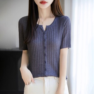 天丝亚麻短袖针织开衫t恤女2025夏季新款韩系修身短款薄透气上衣