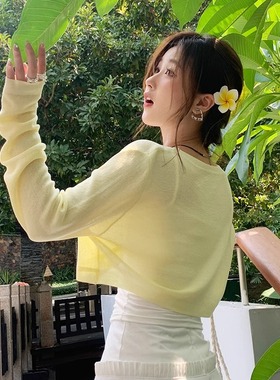 冰丝开衫外搭薄款女防晒罩衫2025新款夏季天丝披肩黄色针织上衣