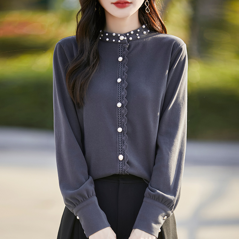 高端气质立领衬衫女洋气钉珠秋冬磨毛德绒加厚上衣保暖衬衣打底衫