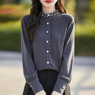 高端气质立领衬衫女洋气钉珠秋冬磨毛德绒加厚上衣保暖衬衣打底衫