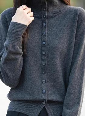 翻领灰色针织衫女开衫毛衣2024冬季新款大码显瘦高级感长袖上衣