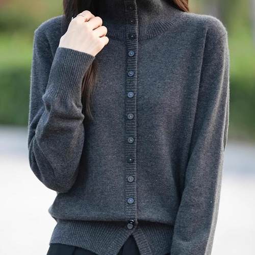 翻领灰色针织衫女开衫毛衣