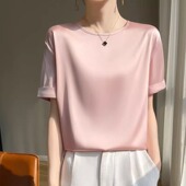 醋酸缎面圆领短袖 薄款 女宽松显瘦透气百搭t恤上衣 新款 2025夏季