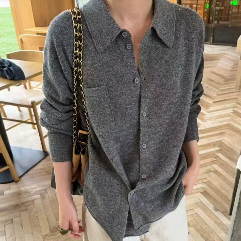 秋冬新款极简风POLO领羊毛针织开衫女宽松百搭软糯衬衣领毛衣外套,女装/女士精品,毛针织衫,淘宝优惠券,粉丝福利购,淘宝优惠卷