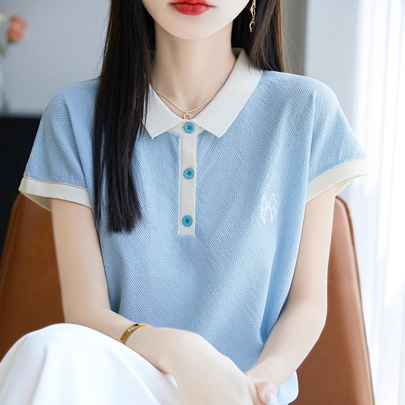 复古百搭夏季条纹小衫撞色宽松T恤新款Polo衫上衣刺绣polo领短袖