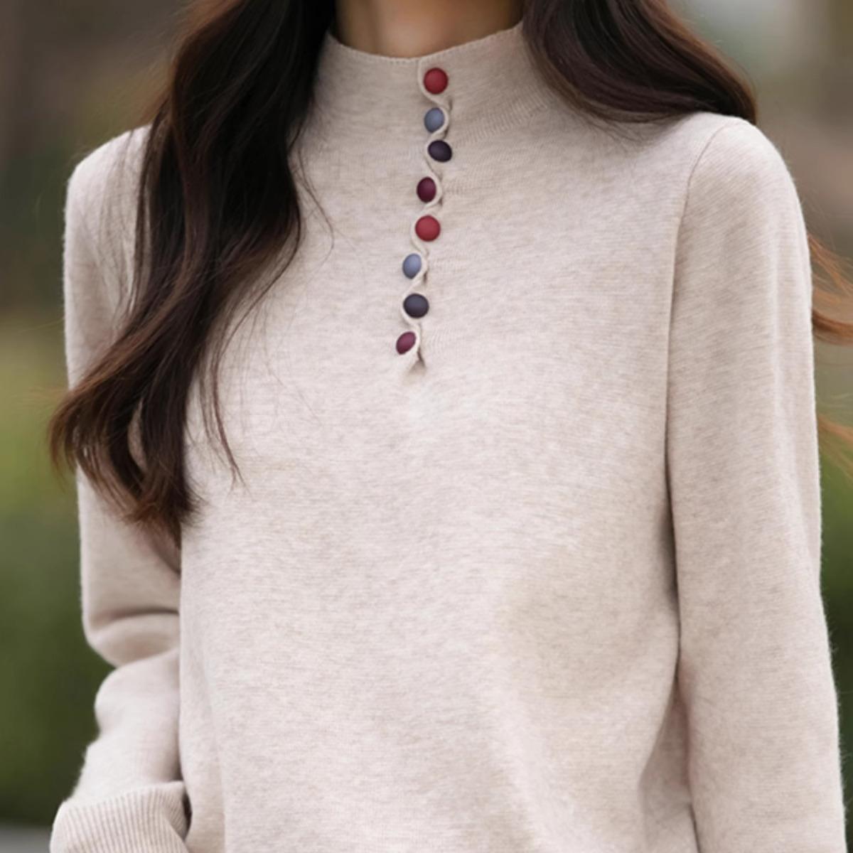 设计感彩扣半开领半高领毛衣