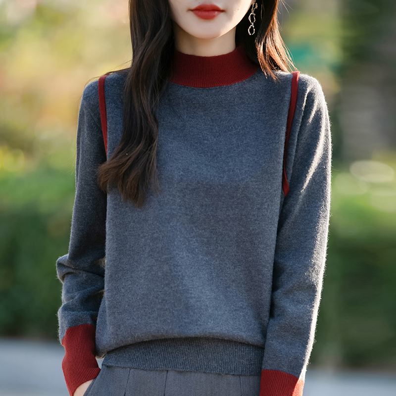 2024秋冬新款超好看拼色半高领毛衣女宽松显瘦外穿内搭针织打底衫