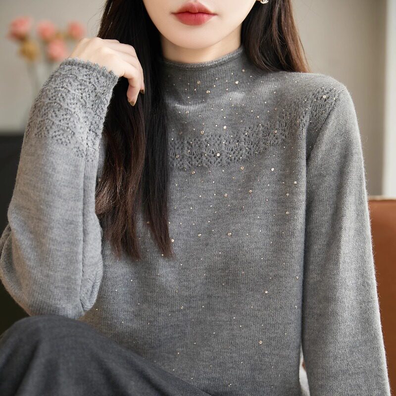 法式气质亮片烫钻针织衫女半高领毛衣2025新款加厚保暖钩花打底衫,女装/女士精品,毛针织衫,淘宝优惠券,粉丝福利购,淘宝优惠卷