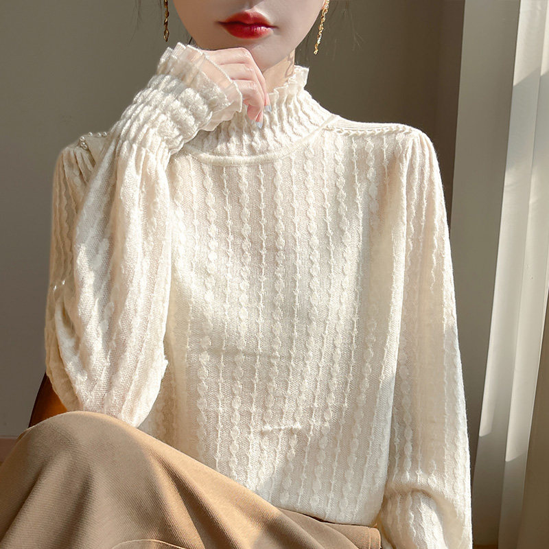 2025秋冬新款质感蕾丝边半高领打底衫女气质洋气钉珠针织毛衣内搭