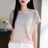 2025夏季 花色上衣 T恤女宽松百搭背心飞袖 新款 圆领拼色扎染短袖