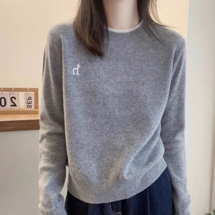 灰色圆领拼色假两件针织衫女秋冬新款韩系羊毛衫宽松打底衫毛衣