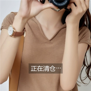 2020新款 棉麻v领针织短袖 秋冬内搭毛衣 夏季 女冰丝上衣亚麻打底衫