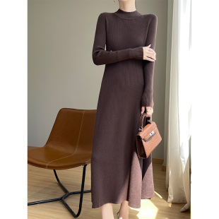 毛衣裙长裙 气质显瘦超长款 半高领打底内搭针织连衣裙女秋冬装 新款
