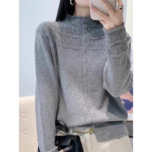 温柔洋气半高领镂空开衫毛衣女米色长袖小香风慵懒风针织衫外套