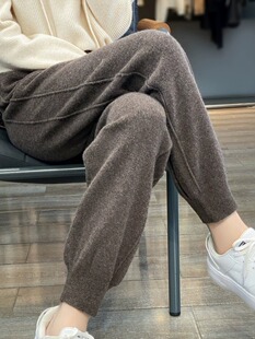 秋冬纯羊绒高腰小脚裤 女休闲松紧带腰抽绳直筒羊毛显瘦针织打底裤
