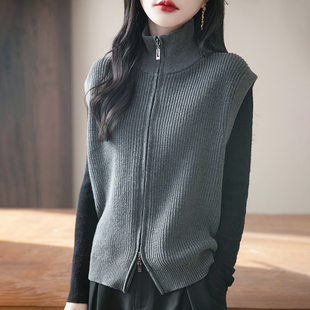 2025新款翻领双拉链纯棉针织开衫女背心马甲纯色坎肩外穿无袖叠穿