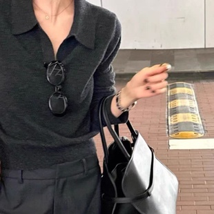 秋冬款老钱风polo领羊毛针织衫女灰色气质翻领长袖高级感慵懒毛衣