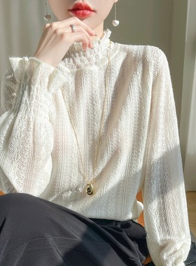 小香风薄款白色蕾丝小衫半高领打底衫内搭毛衣镂空温柔木耳边上衣