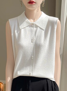 叠穿衬衫领无袖羊毛背心女西装开衫内搭翻领针织砍袖打底衫上衣夏
