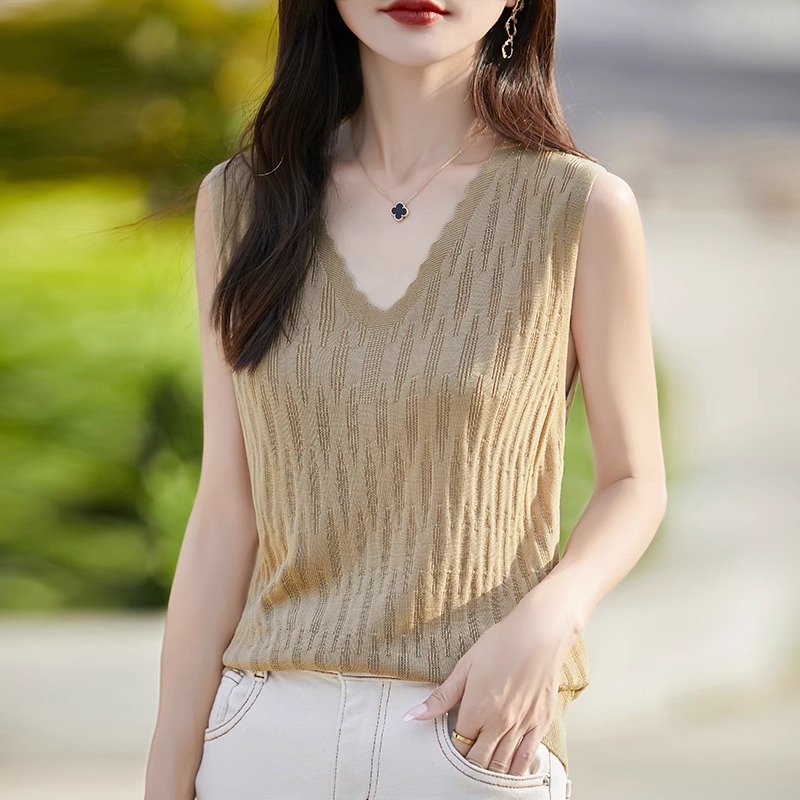 冰丝针织打底衫V领100纯桑蚕丝吊带背心女士无袖t恤上衣夏季薄款