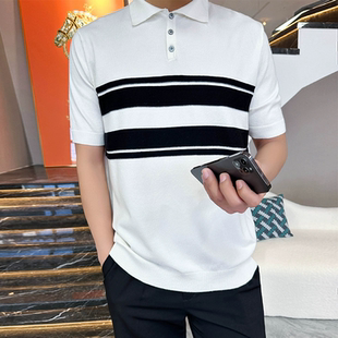 男士 2023夏季 带领短袖 polo衫 条纹翻领体恤 潮牌半袖 男上衣高级韩版