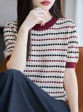 纯棉线条纹提花针织短袖T恤女
