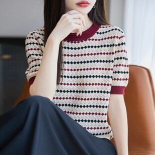 100%纯棉线条纹提花针织短袖T恤女25夏薄款舒适打底全棉小衫上衣