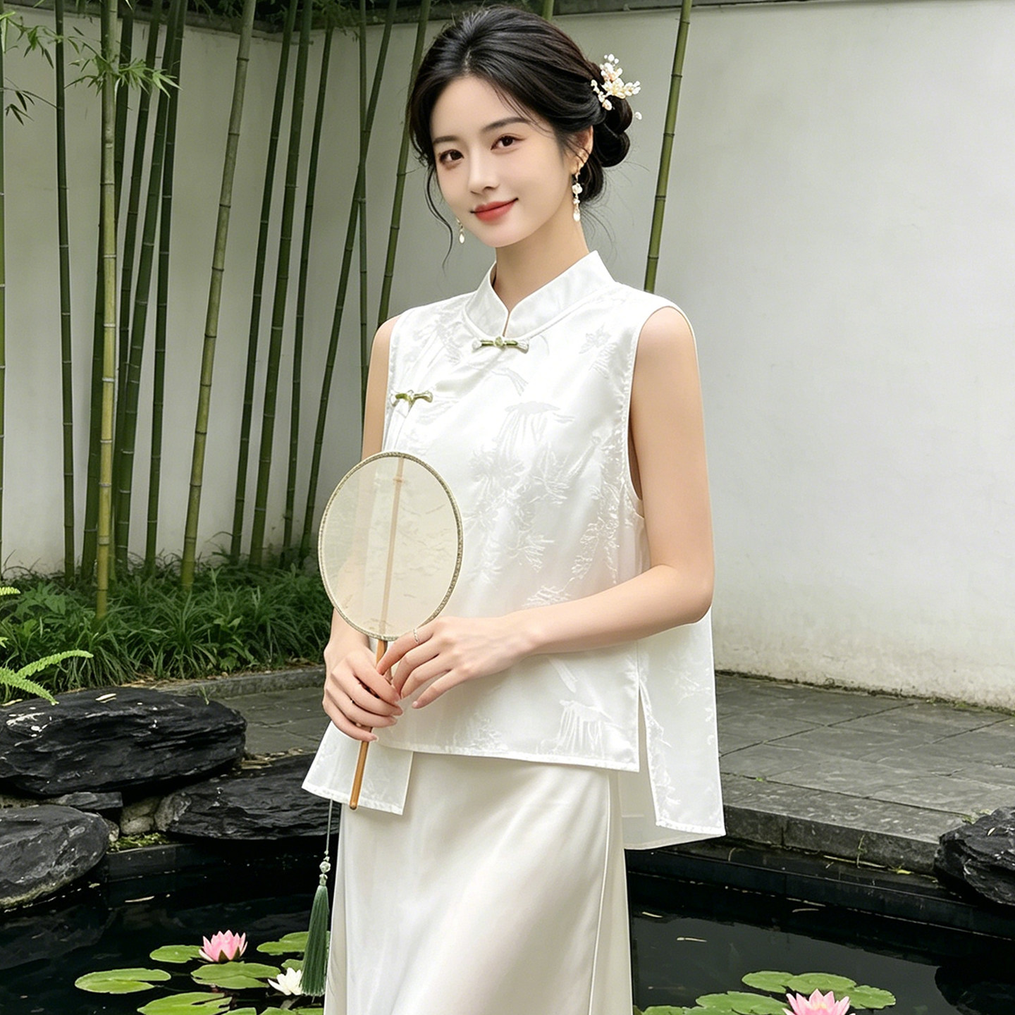 女士2026新款国风新中式外搭马甲背心无袖立领醋酸衬衫设计感上衣图片