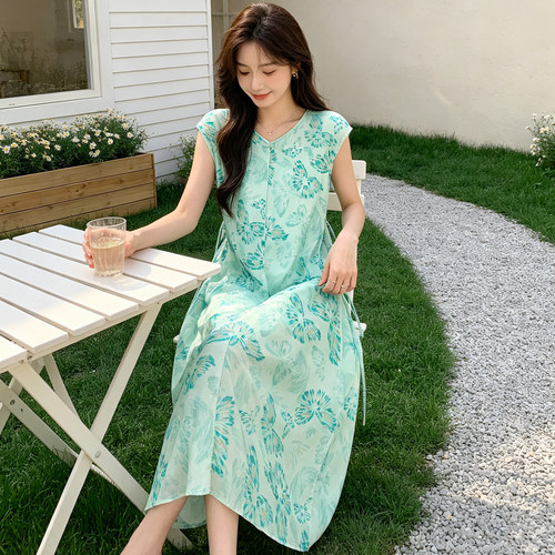 薄荷绿无袖棉绸连衣裙女夏季长款2026新款a字收腰高级感气质长裙