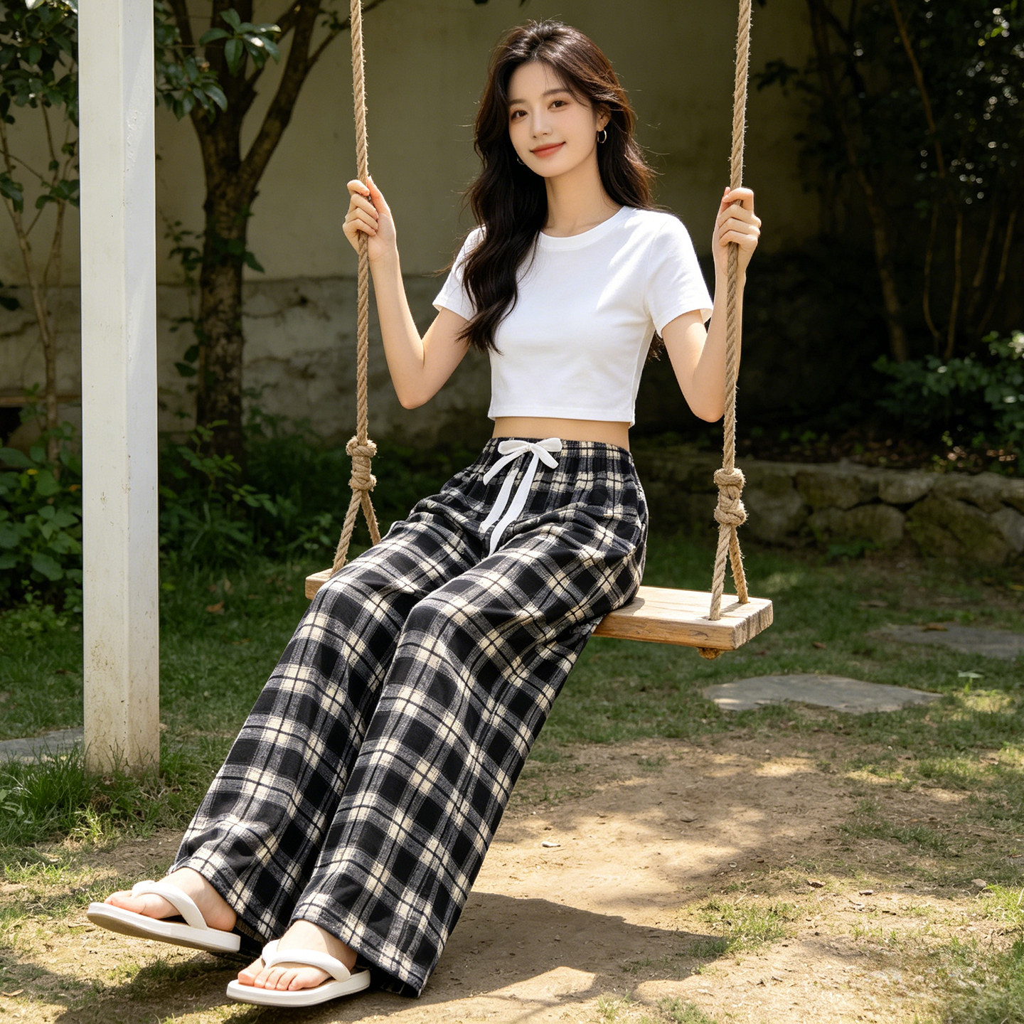 夏季睡裤女单条双口袋印花阔腿裤棉绸裤子薄款防蚊裤女成人家居裤
