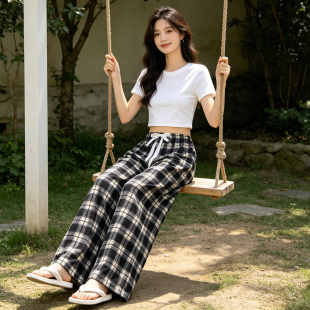 夏季睡裤女单条双口袋印花阔腿裤棉绸裤子薄款防蚊裤女成人家居裤