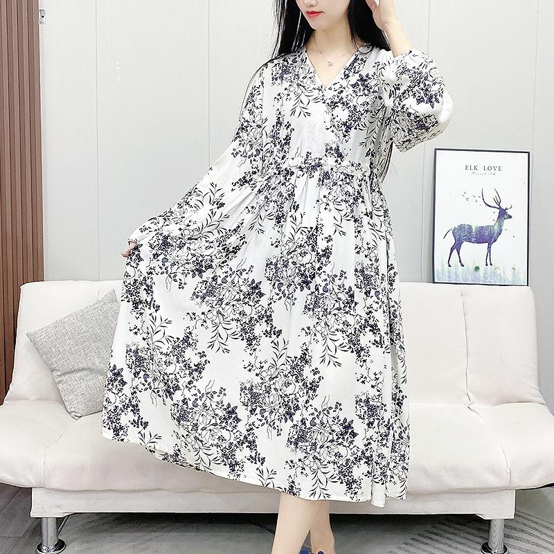 V领长袖连衣裙绵绸睡裙女碎花可睡裙