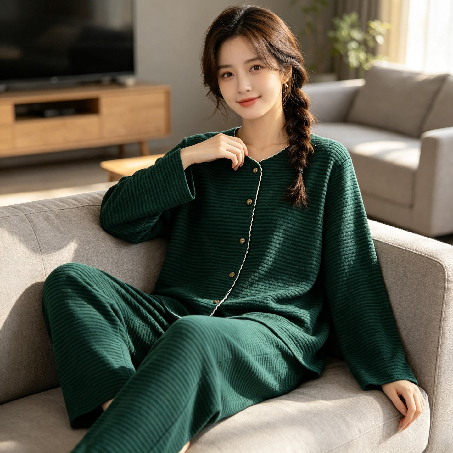德绒开衫墨绿色显白睡衣女长袖圆领条纹保暖可外穿简约家居服套装