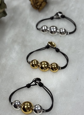 3099金属圆球手链男女通用可调节黑色皮绳简约时尚饰品