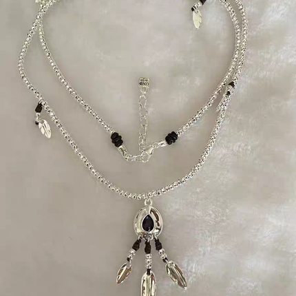 西班牙UNOde50叶子毛衣链黑夜天使暗黑冷淡风流苏项链高级感