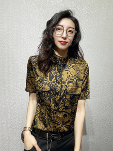 夏季女士短袖衬衣时尚金黄色印花修身半袖洋气气质百搭女装打底潮