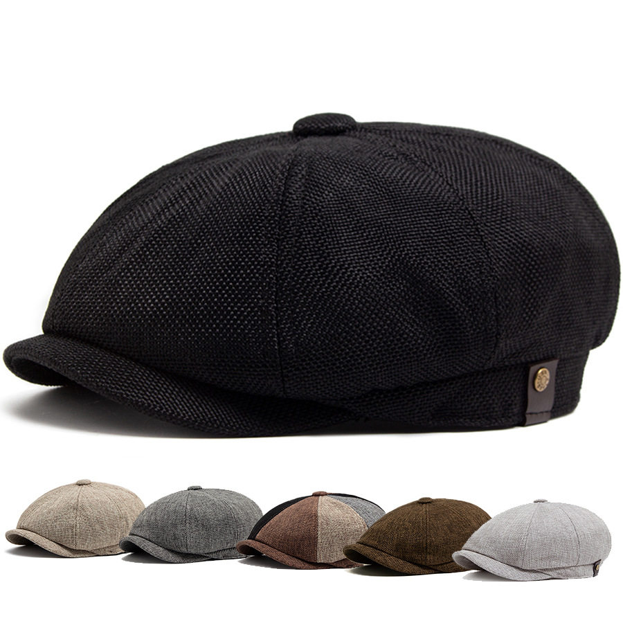 仿麻八角帽男士春夏薄款透气鸭舌帽英伦复古休闲贝雷帽女