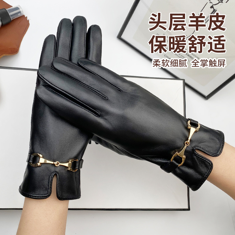 韩版加绒真皮手套女秋冬防寒骑行