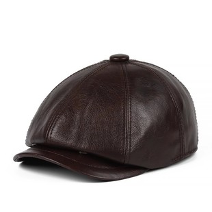 秋冬季头层牛皮鸭舌贝雷帽男士中老年人真皮帽子休闲老人八角帽冬