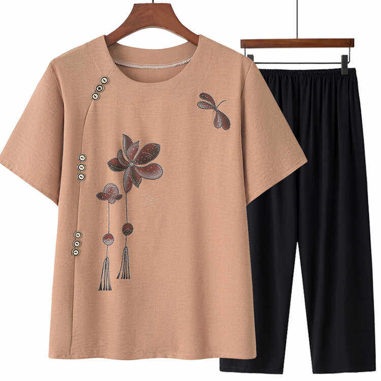 老年人女装妈妈夏季短袖套装大码奶奶T恤太太冰凉洋气上衣九分裤,女装/女士精品,中老年女装,淘宝优惠券,粉丝福利购,淘宝优惠卷