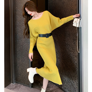 针织连衣裙女秋冬季2025新款韩版蝙蝠袖气质两件套打底毛衣裙过膝