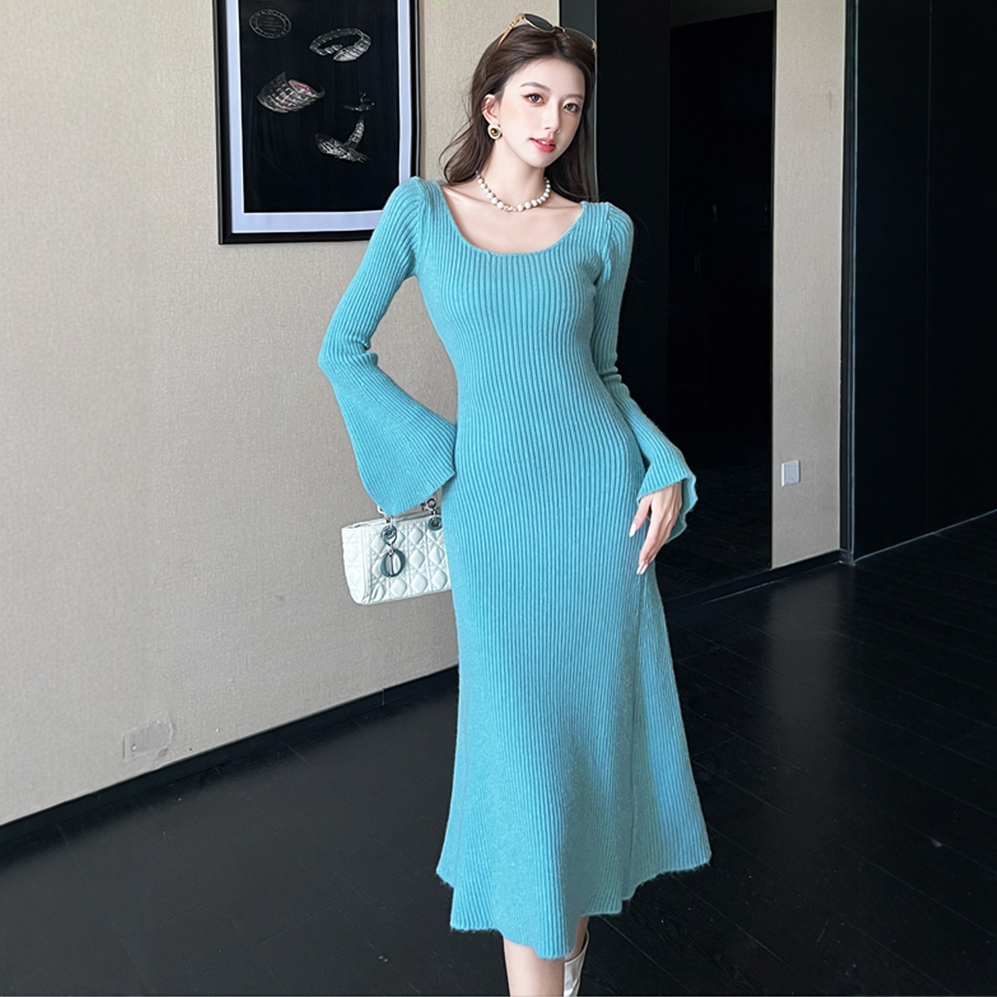 法式高级感港风喇叭袖针织连衣裙