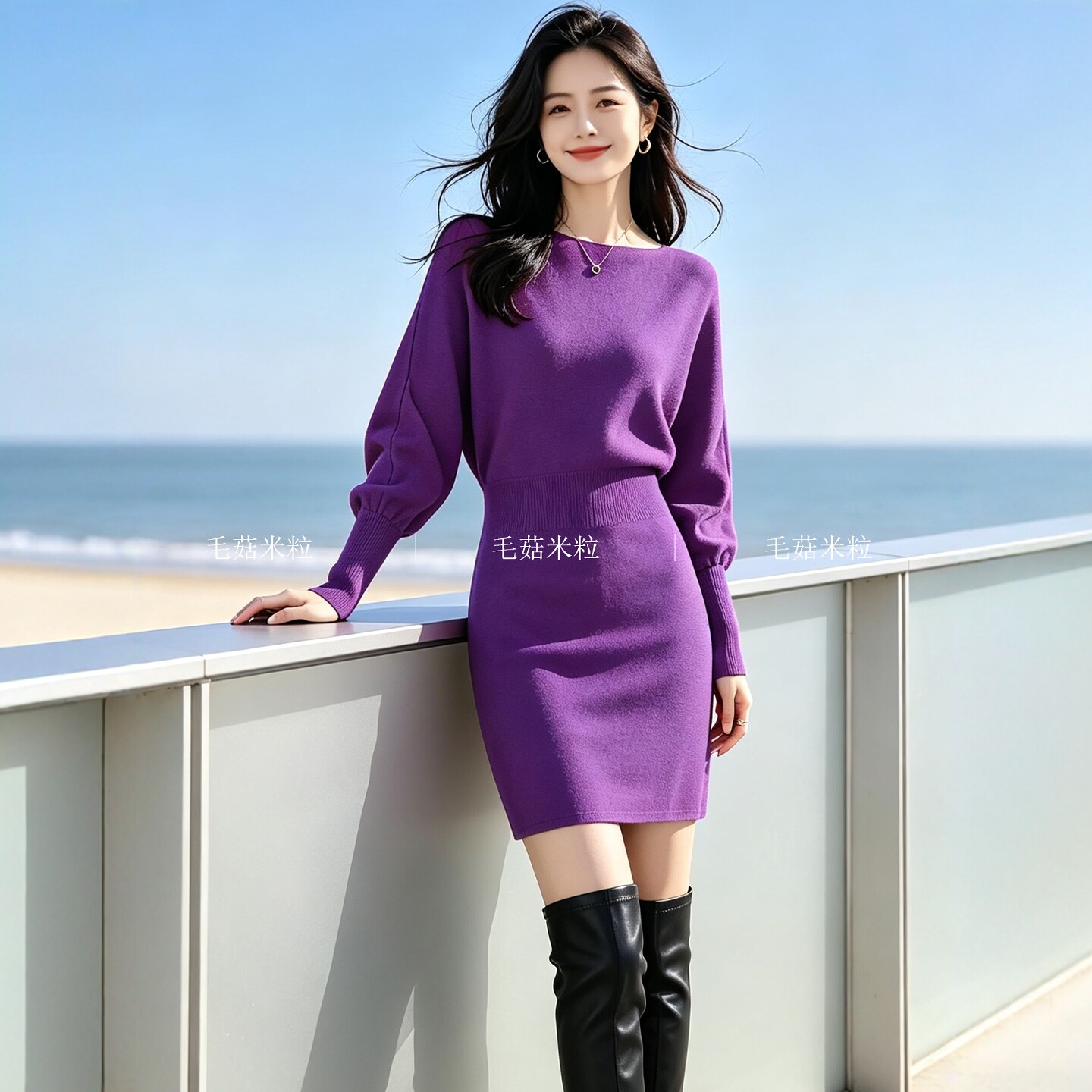 2026新款长袖针织连衣裙女秋冬小个子一字肩大码蝙蝠袖包臀毛衣裙