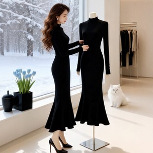 2026年春装新款针织连衣裙女秋冬半高领赫本风长款修身显瘦鱼尾裙