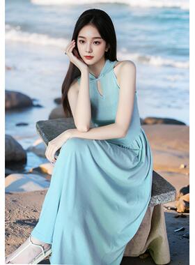 新中式无袖针织连衣裙女夏季复古国风盘扣年轻款收腰改良旗袍长裙